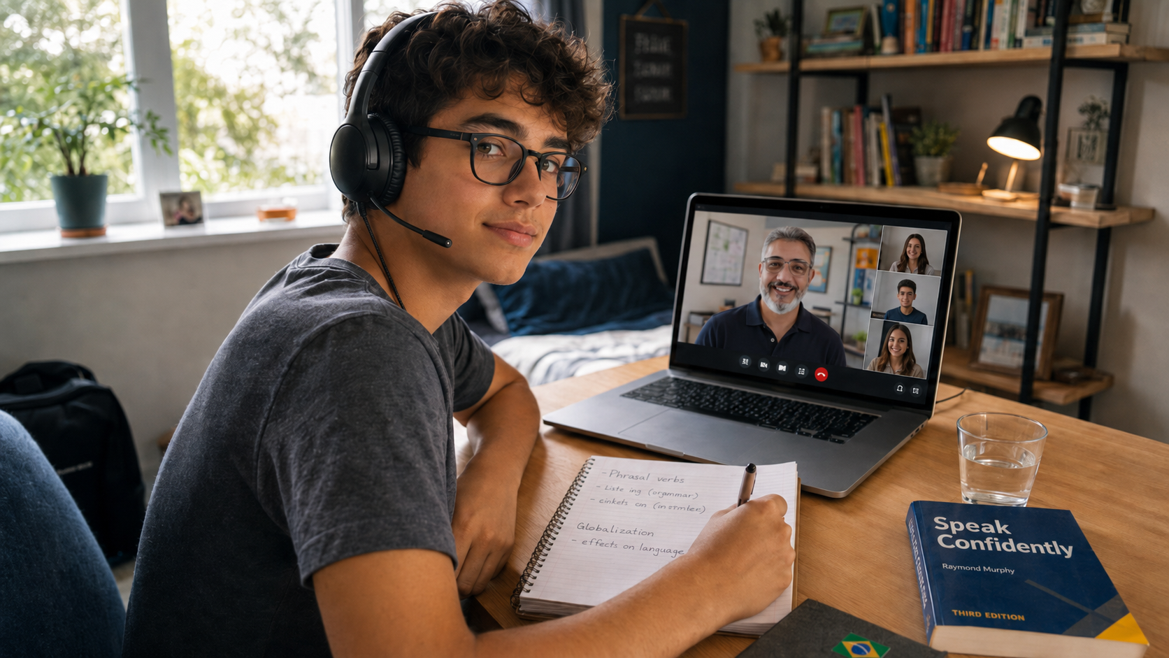 Adolescente participando de uma aula de inglês online com Daniel Neumamm.